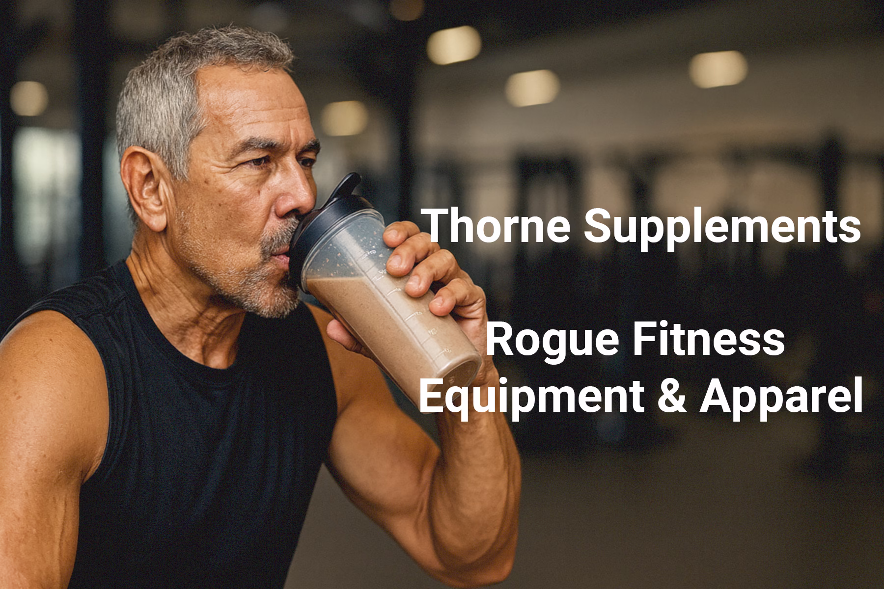 Over 60 adult athlete drinking Thorne protein drink after a workout at Rowed to Fitness in Bend Oregon.